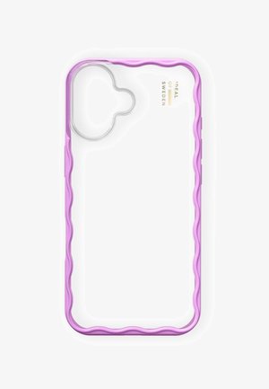 Prozirni zaštitni poklopac za telefon s valovitim ljubičastim rubovima i izrezom za kameru u obliku oblaka, brendiran "Ideal of Sweden" zlatnim slovima.