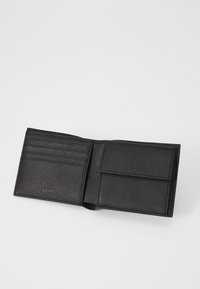 Black leather wallet with a textured finish, featuring multiple card slots and a main compartment, embossed logo visible on the front.