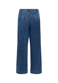 Laiade sinised teksapüksid, millel on sile tekstuur, kaks tagataskut ja sirge äär. Valmistatud tugevast puuvillakangast.