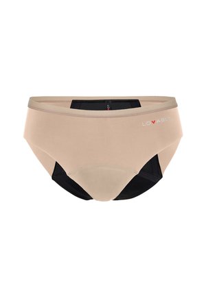 Biancheria intima in tessuto beige con un elastico nero. Presenta una texture liscia, un taglio modesto e un piccolo logo rosso "lovable" sul davanti.