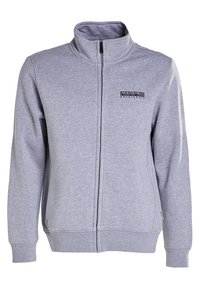 Felpa grigia chiara con zip completa, colletto alto e piccolo logo nero "Napapijri Geographic" sul lato sinistro del petto.