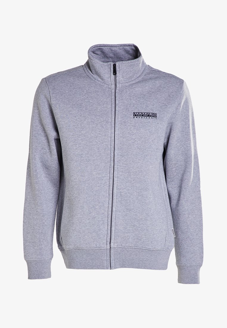 Felpa grigia chiara con zip completa, colletto alto e piccolo logo nero "Napapijri Geographic" sul lato sinistro del petto.