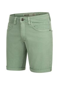 Helle grüne Denim-Shorts mit umgeschlagenen Säumen, fünf Taschen-Design und Knopfverschluss. Glatte Textur und minimale Nähdetails.