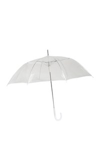 Ombrello trasparente con manico bianco curvo, stecche in metallo e una copertura trasparente, che consente di vedere attraverso di esso. Design semplice e funzionale.