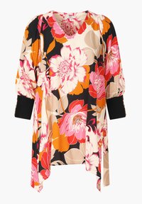 Bloes met bloemenprint, V-hals, oversized mouwen en gedurfde roze, oranje en zwarte patronen. Zachte stof met een losse pasvorm en contrasterende manchetten.