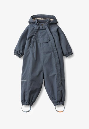 Dziecięcy ciemnoszary, wodoodporny kombinezon z kapturem, z elastycznymi mankietami i paskami na stopy, zaprojektowany do użytku na zewnątrz w chłodne dni.
