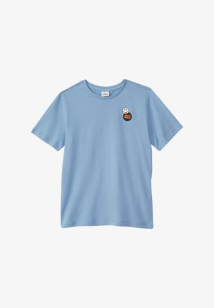 Lichtblauwe katoenen t-shirt met korte mouwen, voorzien van een ronde halslijn en een bedrukt "Smiley World" embleem op het linker borstgebied.
