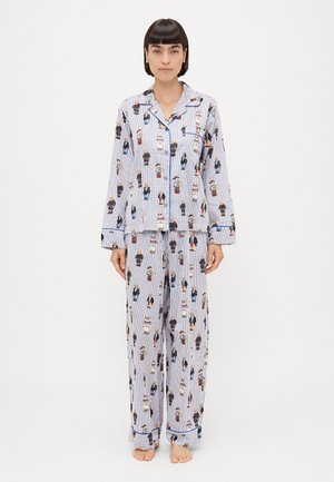 Pajama set w paski w kolorze niebieskim i białym z postaciami z kreskówek, długie rękawy, luźne spodnie oraz koszulka na guziki z kieszonką.