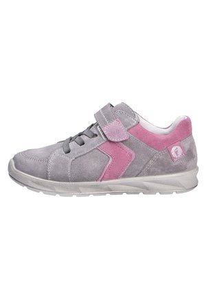 Gray suede sneaker with pink accents, velcro strap, and gray laces. Features a textured upper and a light gray rubber sole.