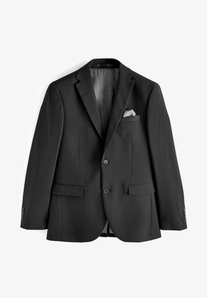 Schwarze Anzugjacke aus glattem Stoff. Sie hat eine gekerbte Rever, zwei Vorderaschen und ein mit Satin gefüttertes Innenfutter mit einem Einstecktuch.