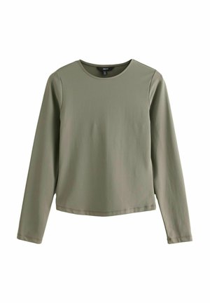 Haut à manches longues en vert olive, en tissu doux, avec un col rond, une coupe décontractée et des détails de couture minimalistes.
