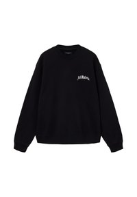 Felpa nera in misto cotone, con collo a costine, maniche lunghe e un piccolo logo bianco sul petto a sinistra.