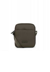 Borsa a tracolla rettangolare marrone realizzata in tessuto testurizzato. Presenta una tasca frontale, una chiusura con zip e una tracolla regolabile.