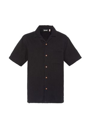 Sort kortærmet skjorte med knapper foran, brystlomme foran, brune knapper og krave, mærket Schott på den indvendige nakkemærkat.