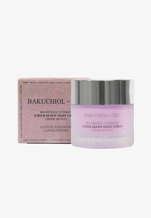 Purple glass jar with silver lid, labeled "Bakuchiol + CBD" and "8-Hour Renew Night Cream." Pink cardboard box with text details.
