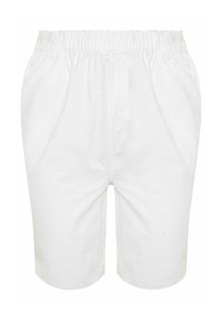 Shorts blancs jusqu'aux genoux avec taille élastique et motif texturé subtil, conçus pour un port décontracté.