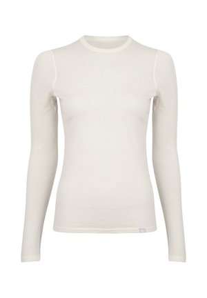 Haut léger à manches longues en crème. Présente un col rond, une texture côtelée et une coupe ajustée. Accents de couture simple.