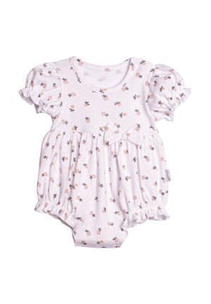 Biały kombinezon dla niemowląt z bufkami na rękawach, drobnym kwiatowym wzorem, marszczoną talią oraz kokardką na środku przodu.