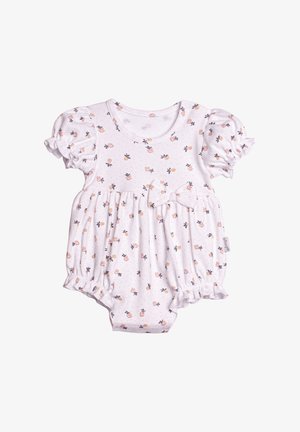 Biały kombinezon dla niemowląt z bufkami na rękawach, drobnym kwiatowym wzorem, marszczoną talią oraz kokardką na środku przodu.