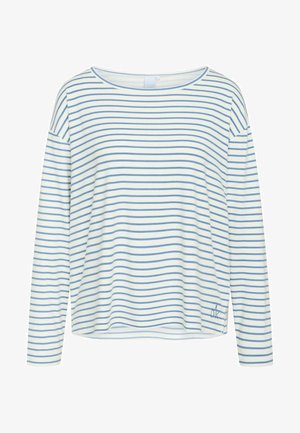 Pikad varrukad pehmest kangast, valge alusega, siniste horisontaalsete triipudega ja väikese logodetailiga allääres.