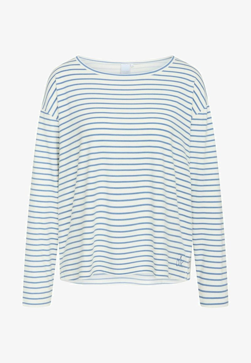 Langdurige mouwtop gemaakt van zachte stof, met een witte basis en blauwe horizontale strepen en een klein logo-detail aan de onderkant.