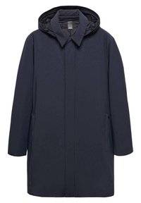 Parka impermeable azul marino con capucha, mangas largas, dos bolsillos laterales y una silueta recta. Textura lisa y sin patrones visibles.