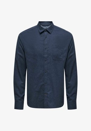 Dark blue long-sleeve shirt with a button-down collar and a chest pocket. Features a subtle texture and front button closure.