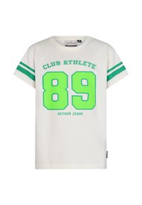 Biała bawełniana koszulka z zielonymi akcentami. Posiada napis "CLUB ATHLETE" oraz numer "89" nadrukowane jaskrawą zielenią, z paskowanymi rękawami.