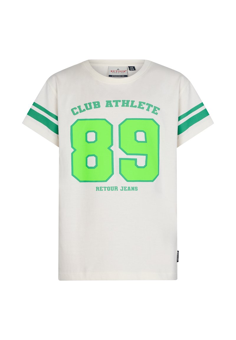 Biała bawełniana koszulka z zielonymi akcentami. Posiada napis "CLUB ATHLETE" oraz numer "89" nadrukowane jaskrawą zielenią, z paskowanymi rękawami.