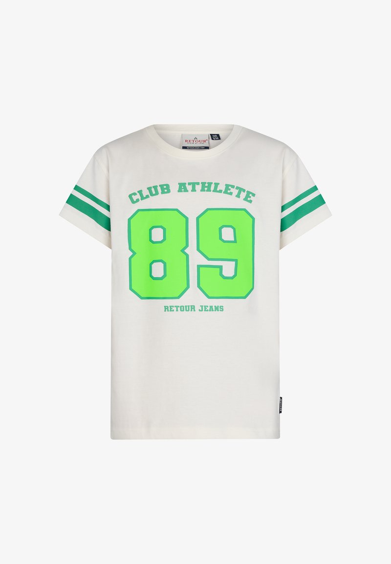Biała bawełniana koszulka z zielonymi akcentami. Posiada napis "CLUB ATHLETE" oraz numer "89" nadrukowane jaskrawą zielenią, z paskowanymi rękawami.