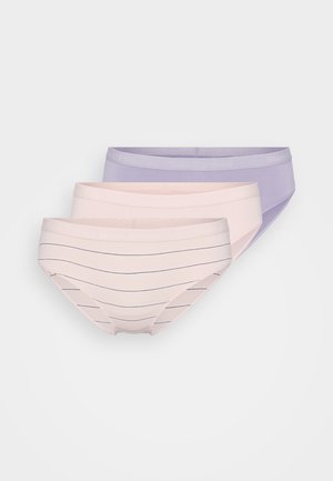 Three pairs of women's underwear in light pink, lavender, and striped pink with dark blue lines. Soft, elastic waistband with logo detail.