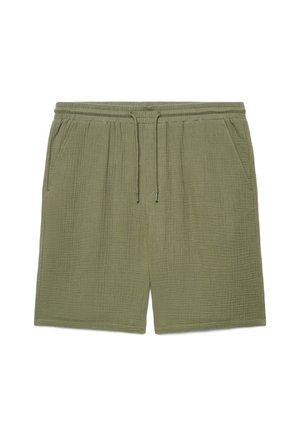 Pantaloncini casual verde oliva con tessuto strutturato, vita elastica, coulisse e tasche laterali, disposti distesi su uno sfondo bianco.