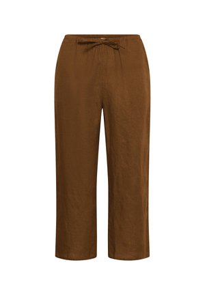 Brown wide-leg cropped pants with elastic waistband and front tie detail, made from lightweight fabric.
