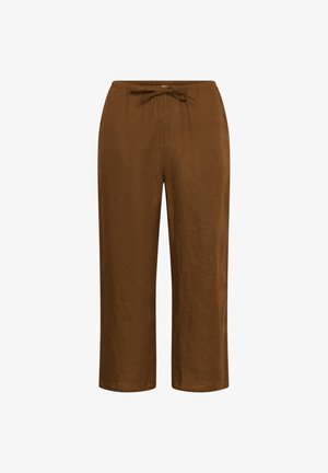 Pantalones cortos de pierna ancha marrón con cintura elástica y detalle de lazo frontal, confeccionados con tela ligera.