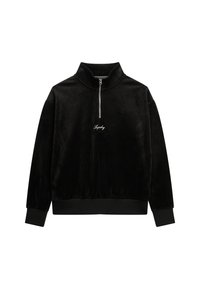 Pullover in pile nero con collo alto, zip parziale frontale e logo ricamato. Polsini e orlo a coste, texture morbida, vestibilità rilassata.