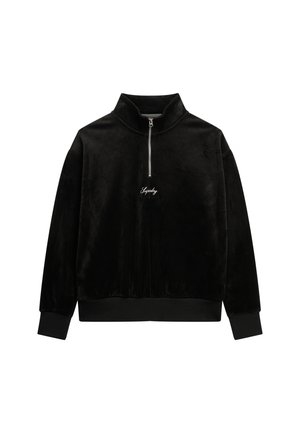 Black fleece pullover with high collar, half-zip front, and embroidered logo. Ribbed cuffs and hem, soft texture, relaxed fit.