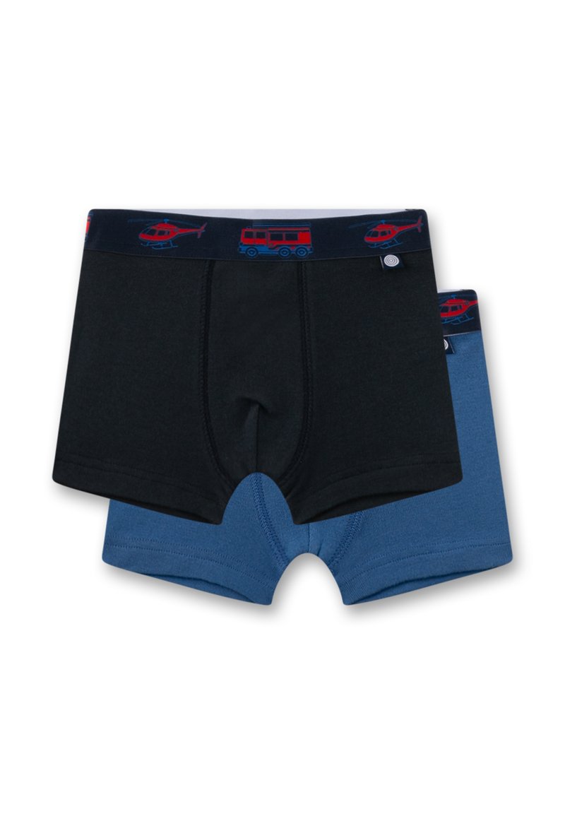 Jungen-Boxershorts, eine schwarz und eine blau, aus Baumwollmaterial, mit einem gemusterten Bund mit roten Hubschraubern und Feuerwehrautos.