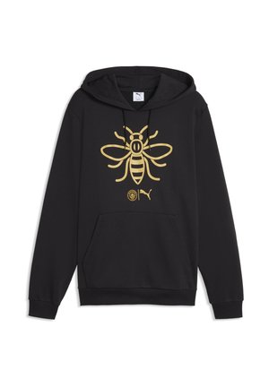 Schwarzer Hoodie mit großem goldenen Bienen-Grafik auf der Brust, mit Kängurutasche und Kordelzug an der Kapuze.