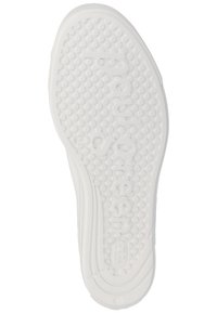 Semelle de chaussure en caoutchouc blanc avec des motifs de grip texturés et un marquage en relief. Présente une forme arrondie et des points circulaires surélevés pour l'adhérence.
