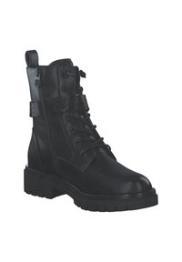 Bottes à chevilles en cuir noir avec un design à lacets, fermeture éclair sur le côté, détail de sangle texturée, semelle robuste et bout arrondi. Équipées d'une languette.