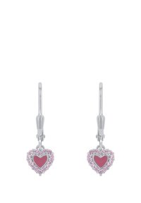 Ohrringe in Silberton mit einem inneren Herz in Pink, umgeben von rosa Edelsteinen. Entworfen mit Hebelverschluss für sicheren Halt.