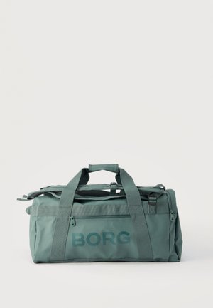 Zöld téglalap alakú sporttáska fogantyúkkal és vállpánttal, elöl cipzáras zsebén "BORG" logóval.