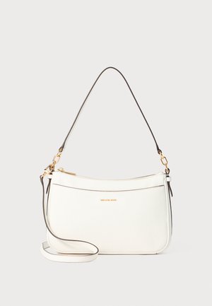 Balta odinė rankinė su akmenuotu paviršiumi, auksinėmis detalėmis ir nuimamąja ruda pečių dirželiu. Yra su užtrauktuku.