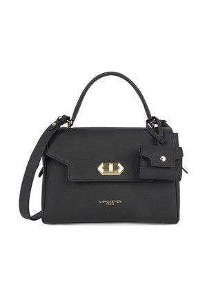 Sac à main en cuir noir Lancaster Paris avec poignée supérieure, bandoulière amovible, fermoir doré et petite pochette attachée avec fermeture pression.