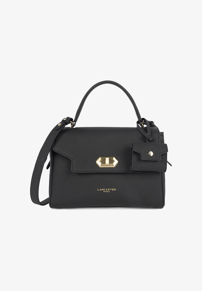 Sac à main en cuir noir Lancaster Paris avec poignée supérieure, bandoulière amovible, fermoir doré et petite pochette attachée avec fermeture pression.