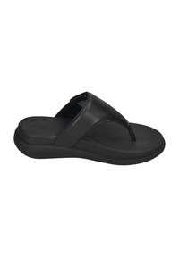 Svart flip-flop med en glatt syntetisk overdel, en thongstropp og en polstret gummisåle; minimalistisk design uten ekstra detaljer.