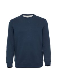 Sweat-shirt bleu marine en tissu doux, doté d'un col rond et de poignets et d'un ourlet côtelés. Détail du logo discret sur la poitrine.