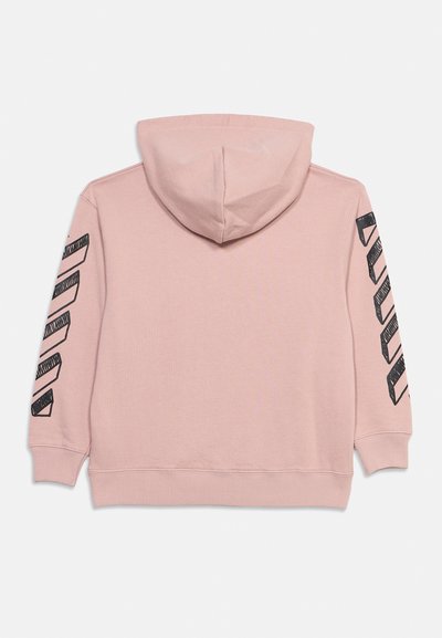Light pink hooded sweatshirt with black diagonal stripe designs on both sleeves, ribbed cuffs, and hem, viewed from the back.