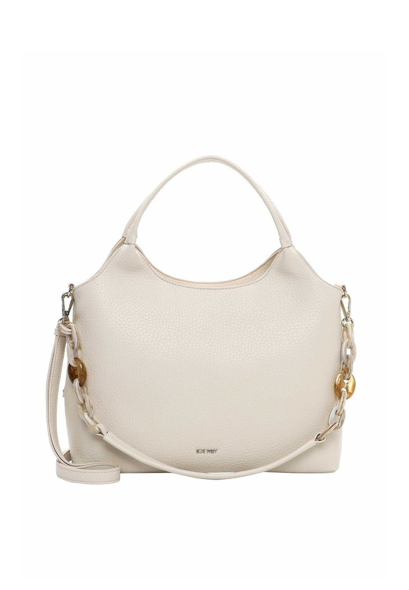 Kermansävyinen nahkalaukku, jossa on kaareva muotoilu, teksturoitu pinta, yläkahva ja irrotettava hihna, jossa koristeena ketjutyylinen yksityiskohta.