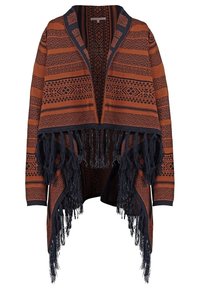 Cardigan ouvert marron et bleu foncé à motifs géométriques avec de longues franges le long de l'ourlet et des manches.